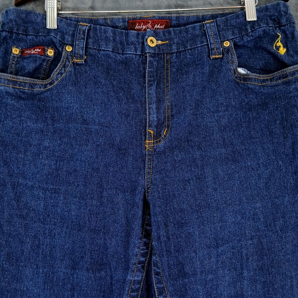 Baby Phat Jeans Womens 18 Blue Denim Stretch Embroidered Rhinestone Cat Logo - Picture 11 of 12